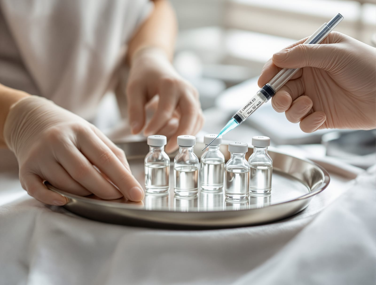 A gloved clinician holding several small labeled vials of clear injectable solution on a white clinical tray