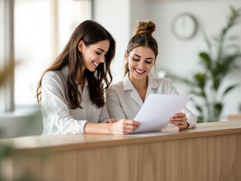 A patient and clinician reviewing a treatment calendar together at a bright clinic front desk