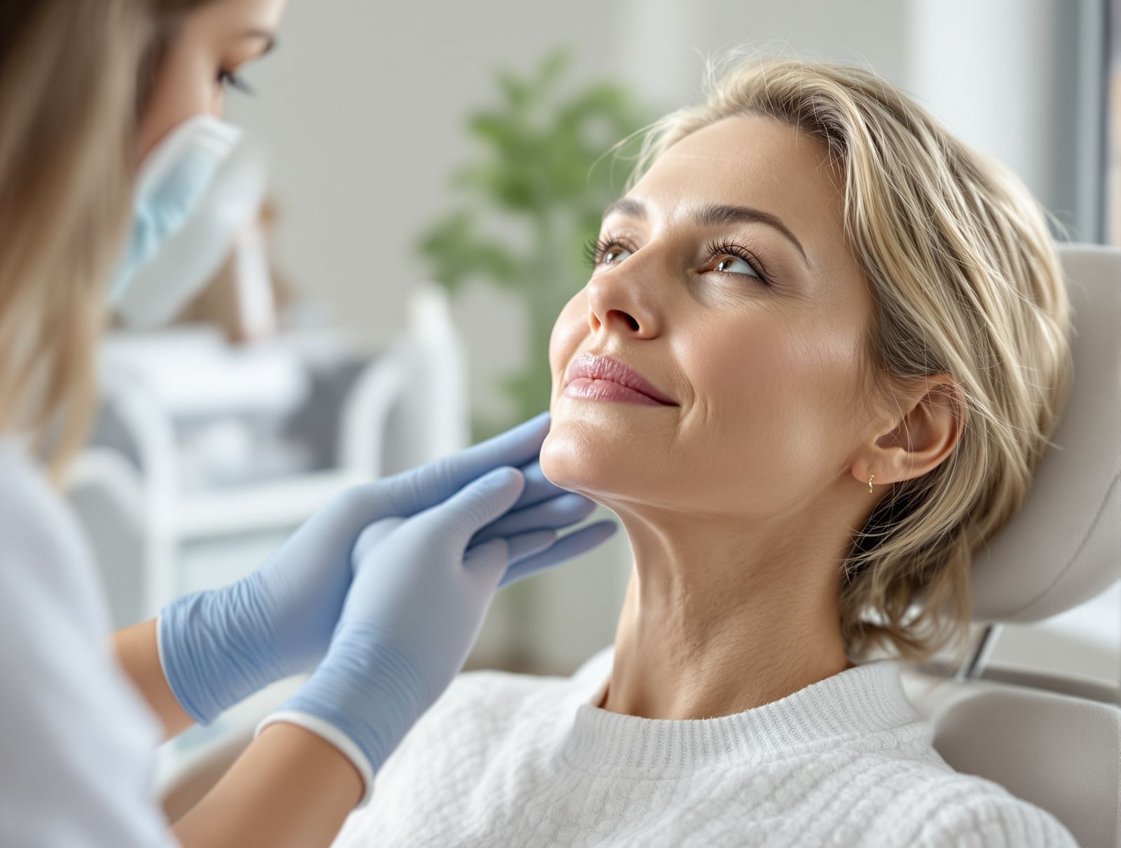 A clinician gently assessing the area beneath a woman's chin and jawline in a bright modern clinic
