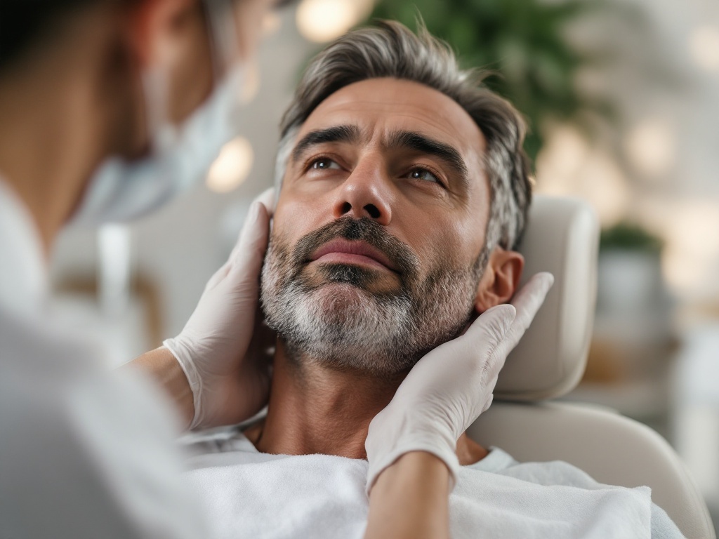 Middle aged man in a consultation chair as a clinician reviews his face