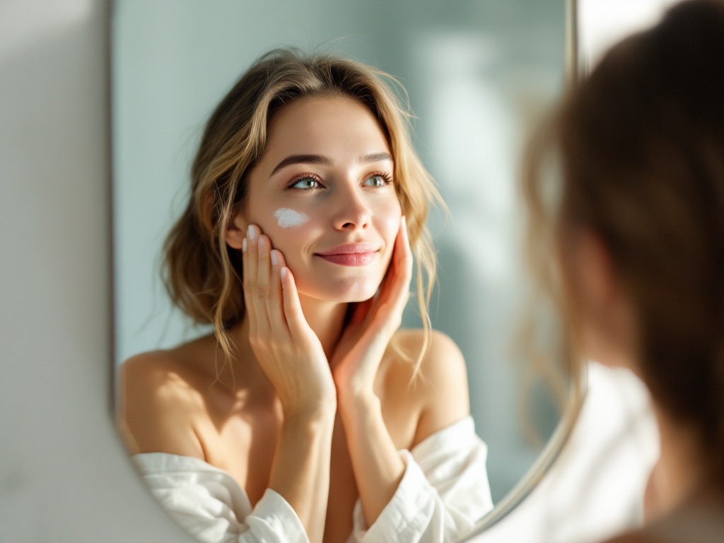 A younger adult applying daily sunscreen at a sunlit bathroom mirror