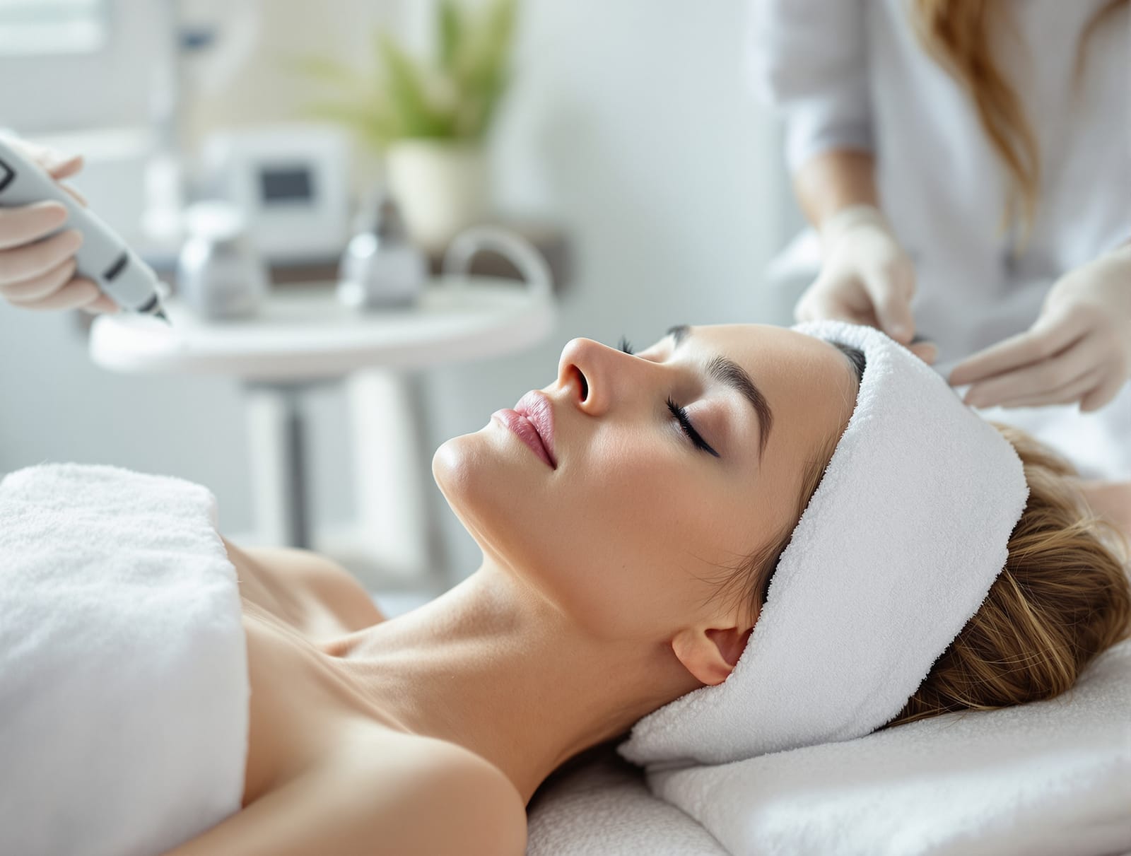 A woman lying on a treatment bed while a practitioner in gloves prepares a handheld device beside her in a bright clinic room
