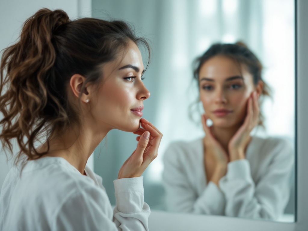 A woman in her 40s looking calmly at her natural reflection in a bright bathroom mirror